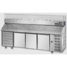 Tavolo Refrigerato Pizzeria - Banco Preparazione Pizza per Contenitori cm 60x40 Piano in Granito 3 Porte 6 Cassetti e Vetrina Refrigerata con Vetri